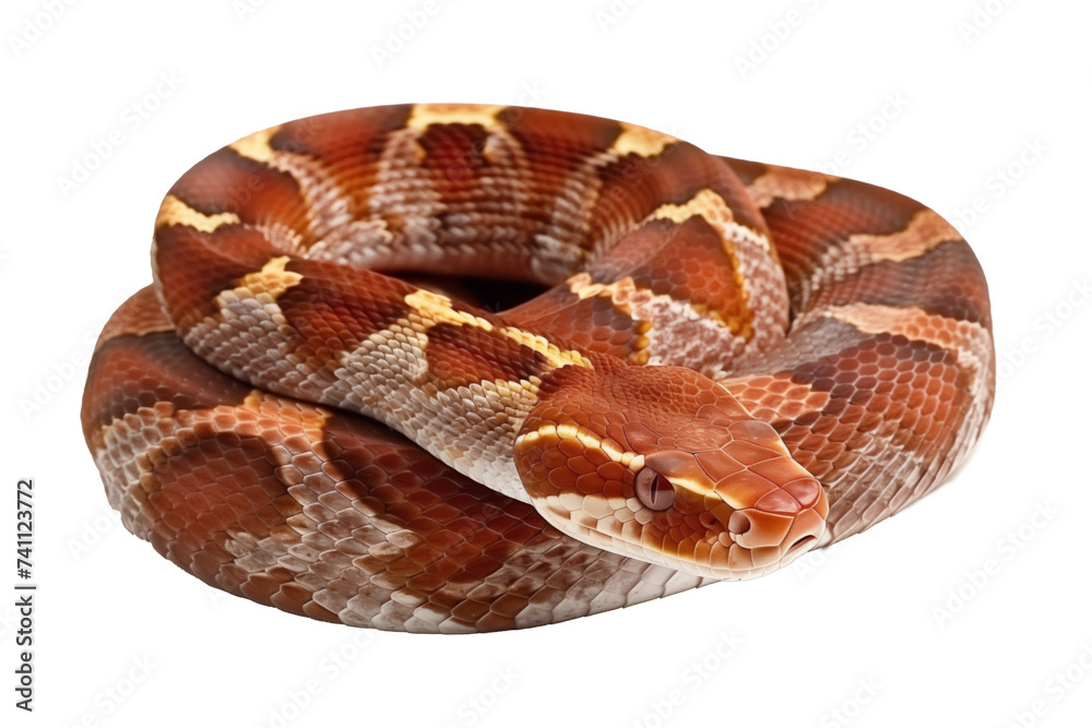Obraz premium A coiled corn snake with brown, orange, png stock photo file cut out and isolated on a transparent and white background