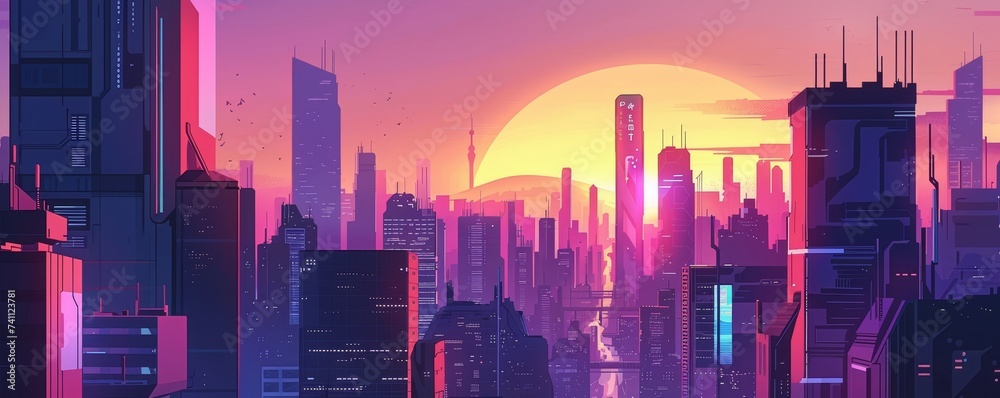 Illustration of a futuristic cyberpunk city skyline at dusk