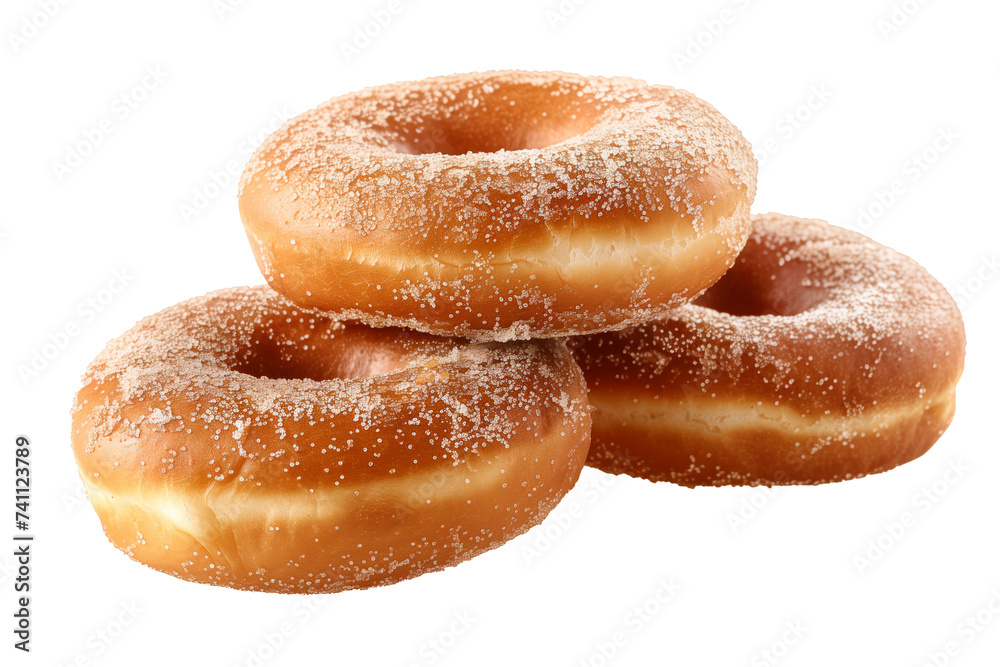 Three sugar-coated donuts stacked together, png stock photo file cut out and isolated on a transparent and white background