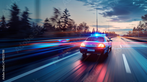Police car traveling on a highway at twilight with lights on