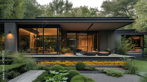 Modern house with large glass windows, surrounded by lush gardens at dusk.  © krit