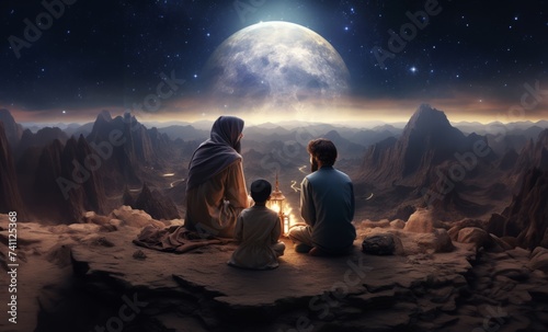 A Muslim family in the ancient mountains of the Sahara gathers to welcome the breaking of the fast at iftar during Ramadan, embodying traditions of unity, compassion, and gratitude in a serene and photo