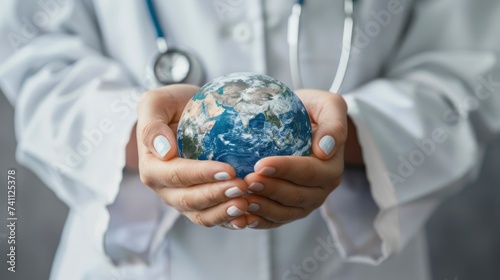 Hands hold Earth ball in heart shape on Doctor hands for World Health Day content and copy space - generative ai