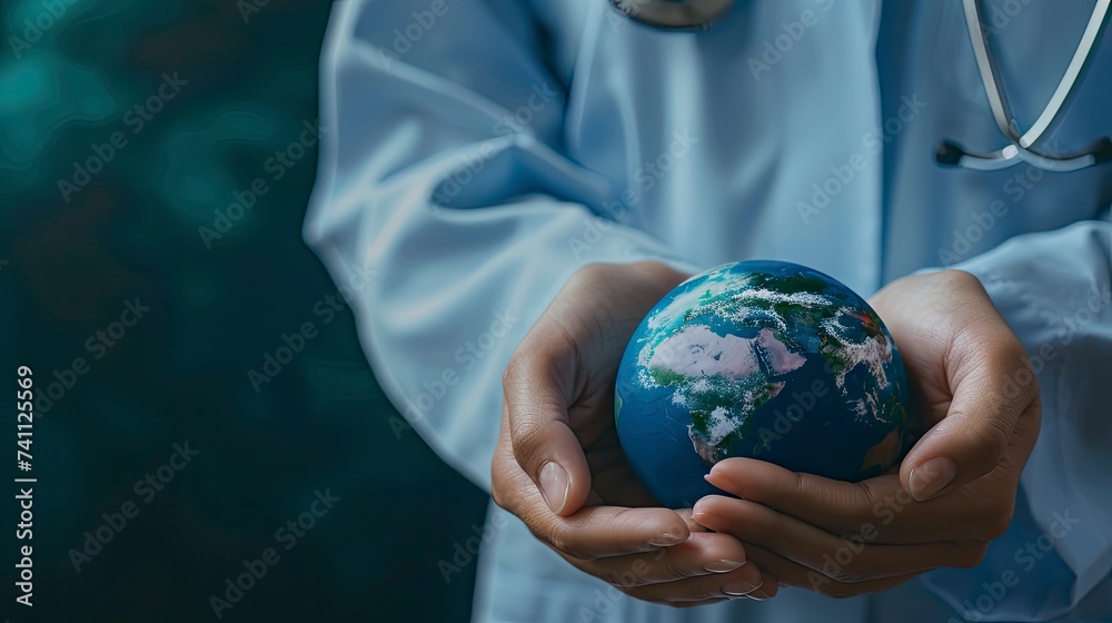 Hands hold Earth ball in heart shape on Doctor hands for World Health Day content and copy space - generative ai Hands hold Earth ball in heart shape on Doctor hands for World Health Day content and copy space - generative ai