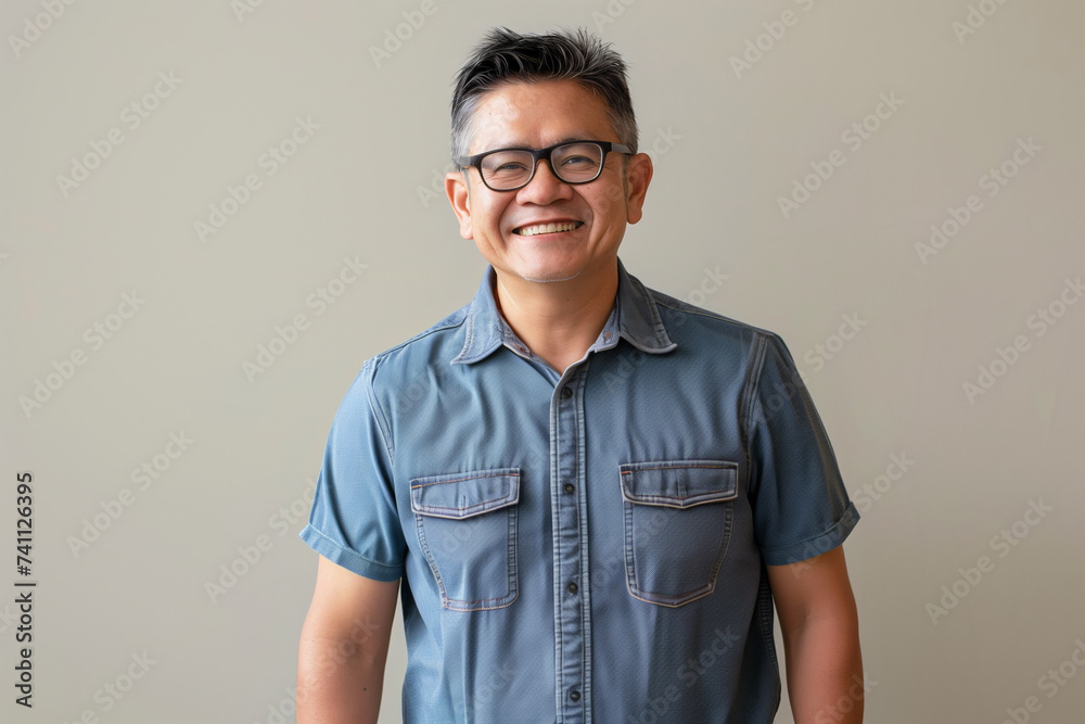 Confident Businessman in Casual Blue Shirt Posing for Corporate Profile with Copy Space Confident Businessman in Casual Blue Shirt Posing for Corporate Profile with Copy Space