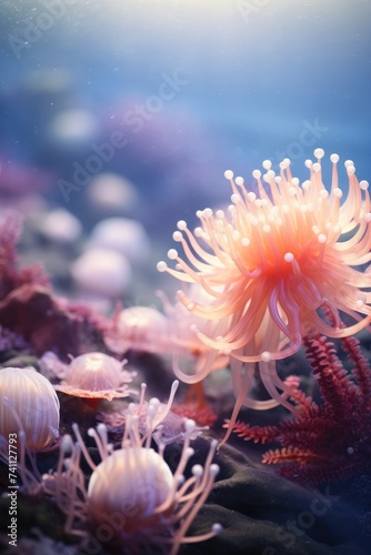 A group of sea anemons in an aquarium. Generative AI.