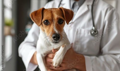A  jack russell terrier dog is being held by a vet. Generative AI. photo