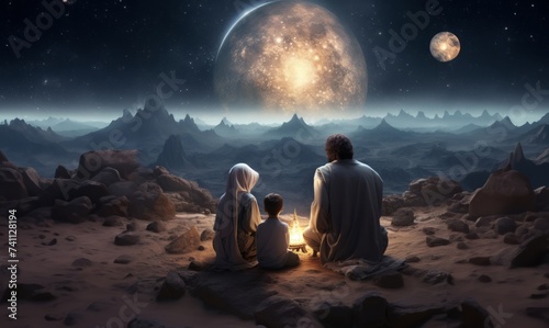 A Muslim family in the ancient mountains of the Sahara gathers to welcome the breaking of the fast at iftar during Ramadan, embodying traditions of unity, compassion, and gratitude in a serene and