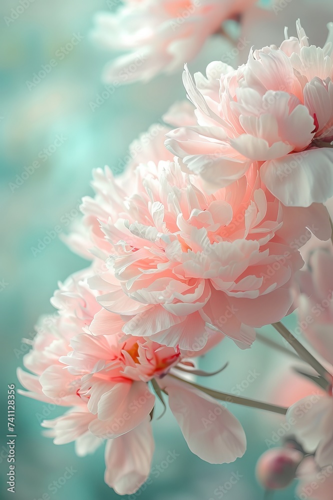 Vertical Soft Pink Peonies Against Teal Background
Vertical perspective of delicate pink peonies, highlighted by a serene teal background that accentuates the flowers' softness and romantic appeal.
