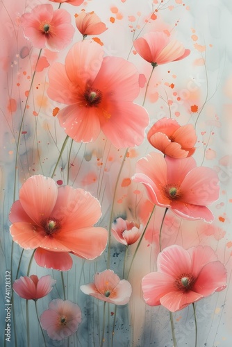 Vertical Artistic Illustration of Vibrant Coral Poppies A vertical illustration that artistically captures the vibrant beauty of coral poppies with splashes of paint  creating a dynamic and whimsical 