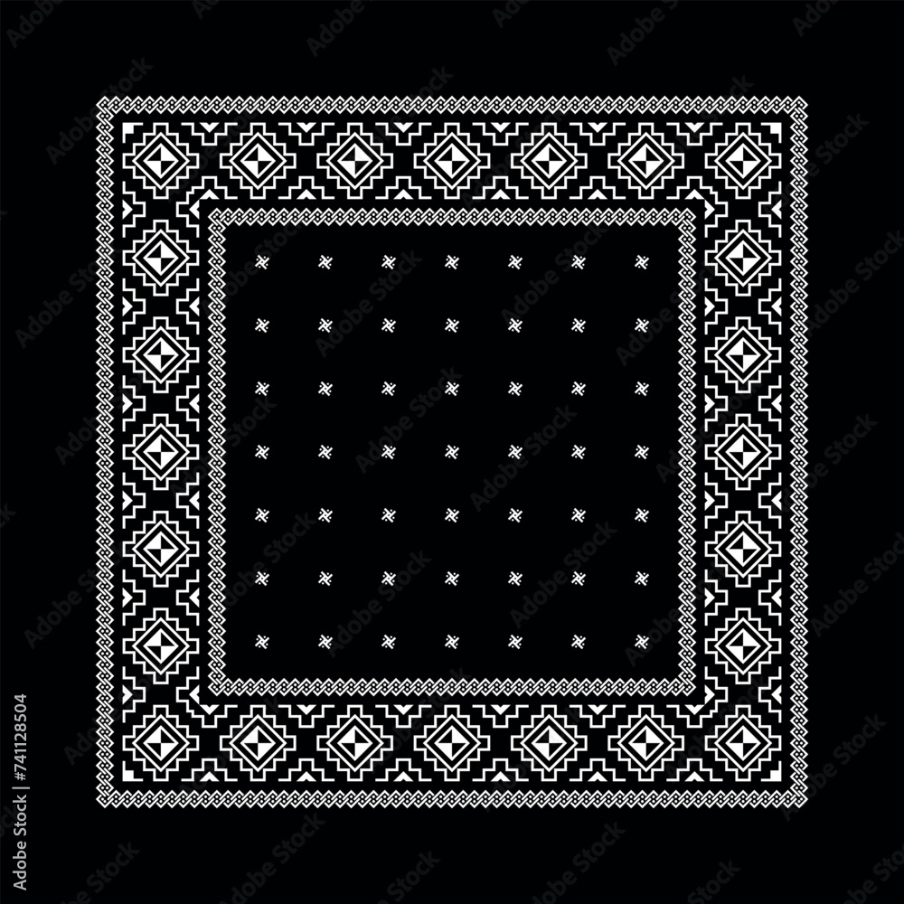 Obraz premium Simple Black Bandana decorated with white geometric ornament that can be applied to fabrics of various colors