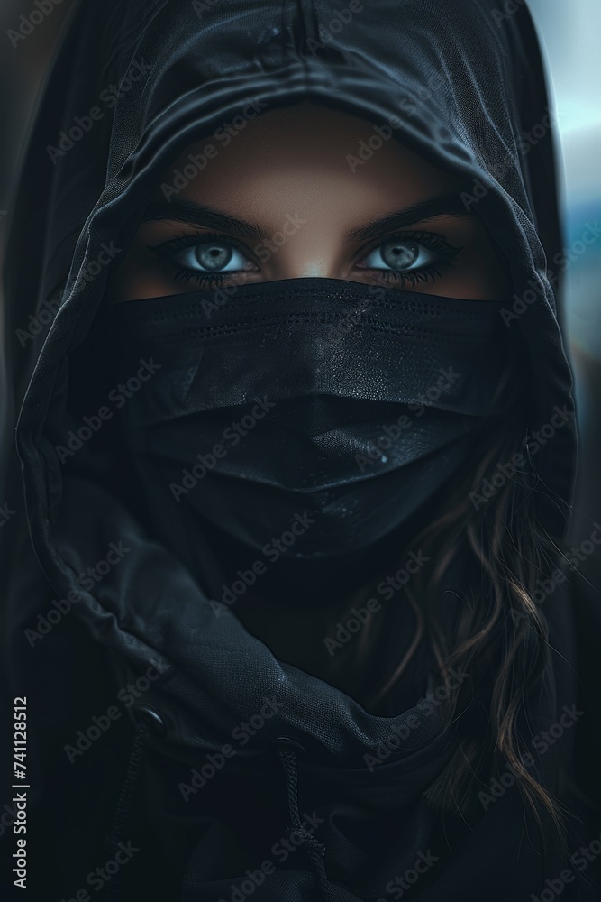 power of the shadows with this intense portrayal of a Japanese woman in a black ninja hood, embodying strength and prowess in the art of stealth and combat. Generative AI.