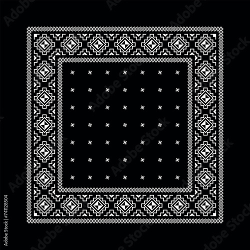 Simple Black Bandana decorated with white geometric ornament that can be applied to fabrics of various colors (ID: 741128504)