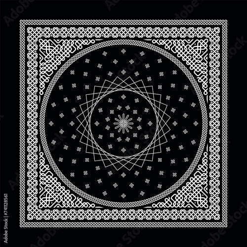 Simple Black Bandana decorated with white geometric ornament that can be applied to fabrics of various colors (ID: 741128561)