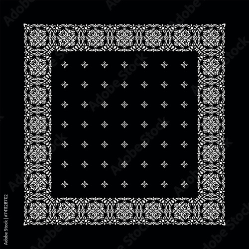 Simple Black Bandana decorated with white geometric ornament that can be applied to fabrics of various colors (ID: 741128702)