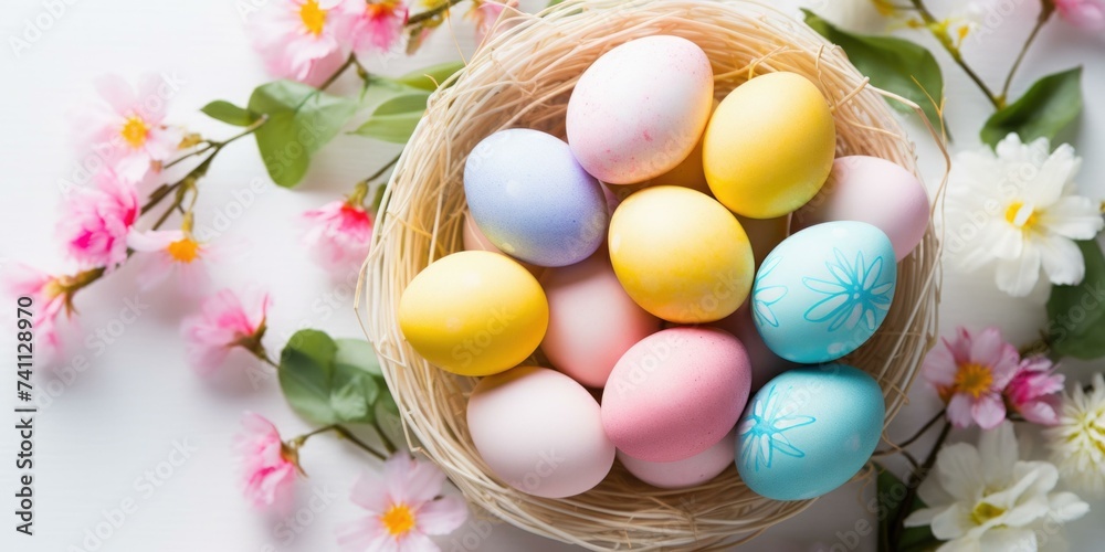 Colorful easter eggs in a basket on a white background. Generative AI. Colorful easter eggs in a basket on a white background. Generative AI.