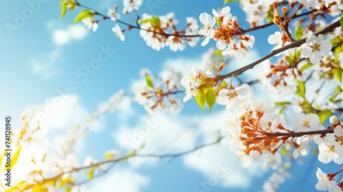 Spring flowers on a branch with blue sky background. Generative AI. © Natalia