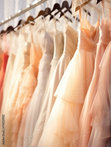 A row of wedding dresses hanging on a rack. Generative AI.