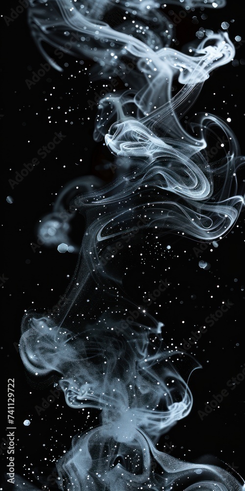 Shiny smoke. Glitter fluid. Ink water. Magic mist. Black color particles texture paint vapor storm wave