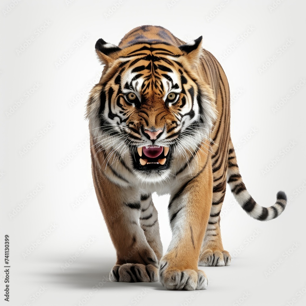 Obraz premium Majestic tiger walking forward with a fierce expression on a seamless white background.