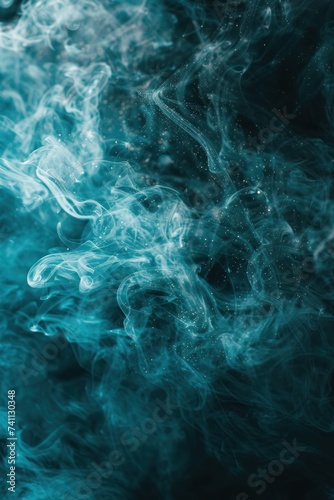 Shiny smoke. Glitter fluid. Ink water. Magic mist. Cyan color particles texture paint vapor storm wave