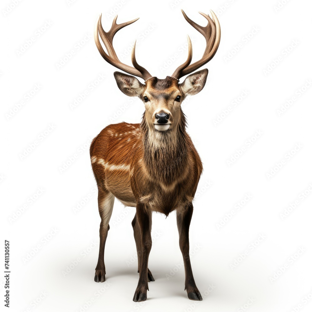 Majestic stag with large antlers standing isolated on white background.