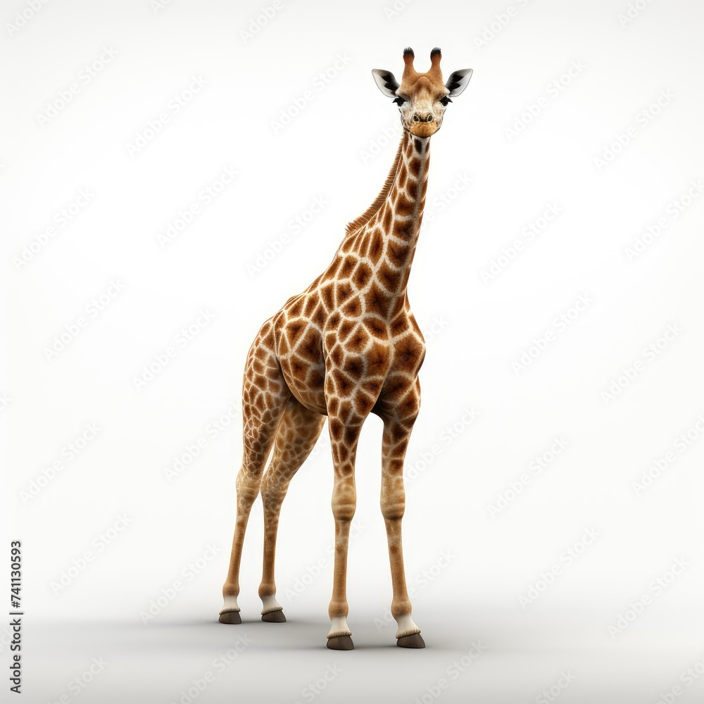 Elegant giraffe standing against a white background, looking at the camera with a calm expression.