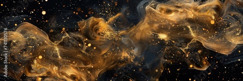 Shiny smoke. Glitter fluid. Ink water. Magic mist. Gold color particles texture paint vapor storm wave