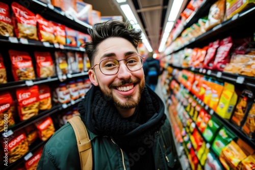 A man with glasses and a beard smiles in a store aisle. Generative AI.