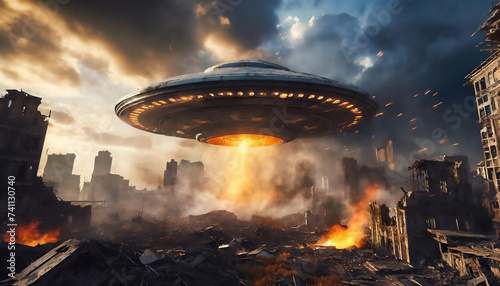 UFOに破壊された都市　AI画像　ジェネレーティブAI