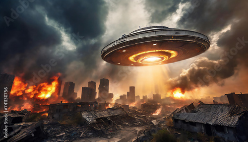UFOに破壊された都市 AI画像 ジェネレーティブAI