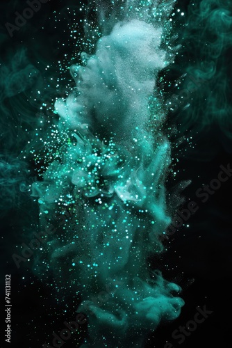 Shiny smoke. Glitter fluid. Ink water. Magic mist. Green color particles texture paint vapor storm wave