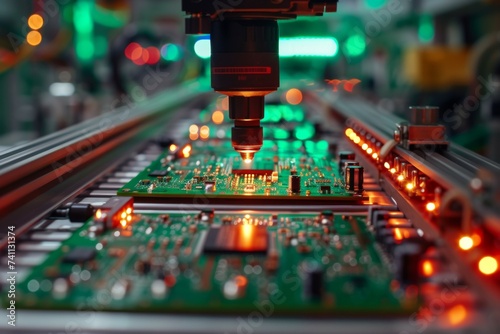 Electronics factory. Backdrop with selective focus and copy space