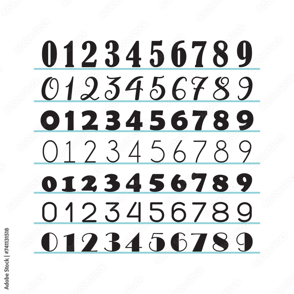 Abstract black isolated silhouette and line assorted math numbers, zero to nine icons set design element on white background Abstract black isolated silhouette and line assorted math numbers, zero to nine icons set design element on white background