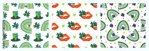 St. Patrick's Day set of seamless vector patterns. Festive elements - leprechaun hat, green rainbow, four leaf clover, good luck kiss. Traditional Irish holiday, fun celebration. Cartoon backgrounds