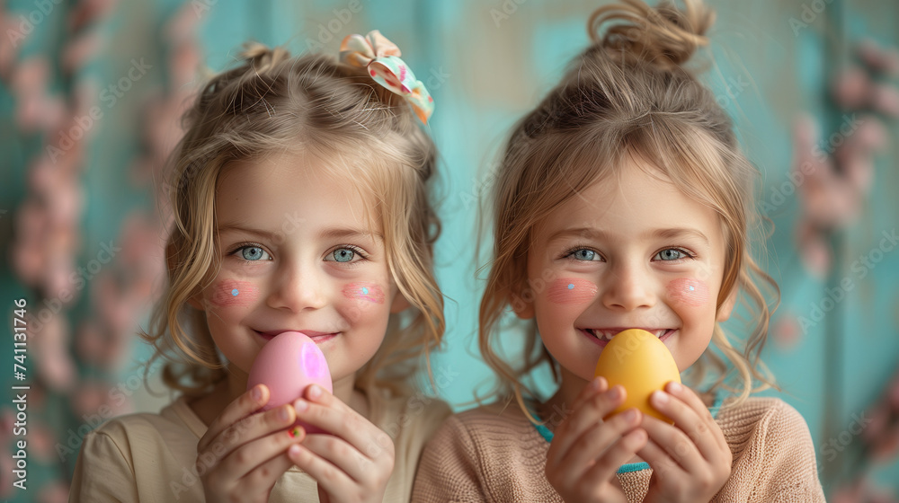 cute children with easter eggs in the kitchen, smiling kids with easter eggs, smiling girls cute children with easter eggs in the kitchen, smiling kids with easter eggs, smiling girls