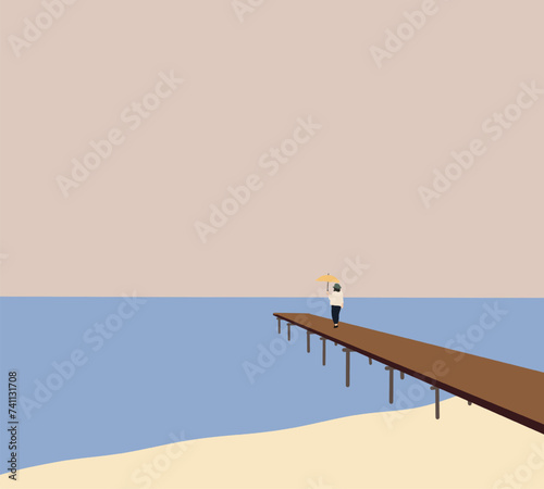 Woman with yellow umbrella walking on wooden pier. Enjoying view over the lake at cloudy autumn day. Outdoor holiday.