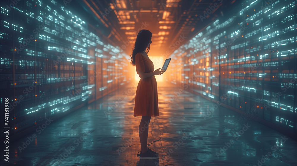 Big Data Center Female with laptop Chief Technology Officer Standing In Warehouse, Activates Servers, Information Digitalization Starts. SAAS, Cloud Computing, Web Service, AI, artificial intelligence Big Data Center Female with laptop Chief Technology Officer Standing In Warehouse, Activates Servers, Information Digitalization Starts. SAAS, Cloud Computing, Web Service, AI, artificial intelligence