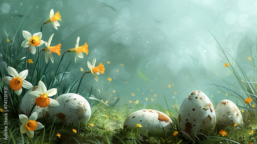 Easter background with easter eggs in the green grass and daffodil flowers, copy space abstract  - obrazy, fototapety, plakaty 