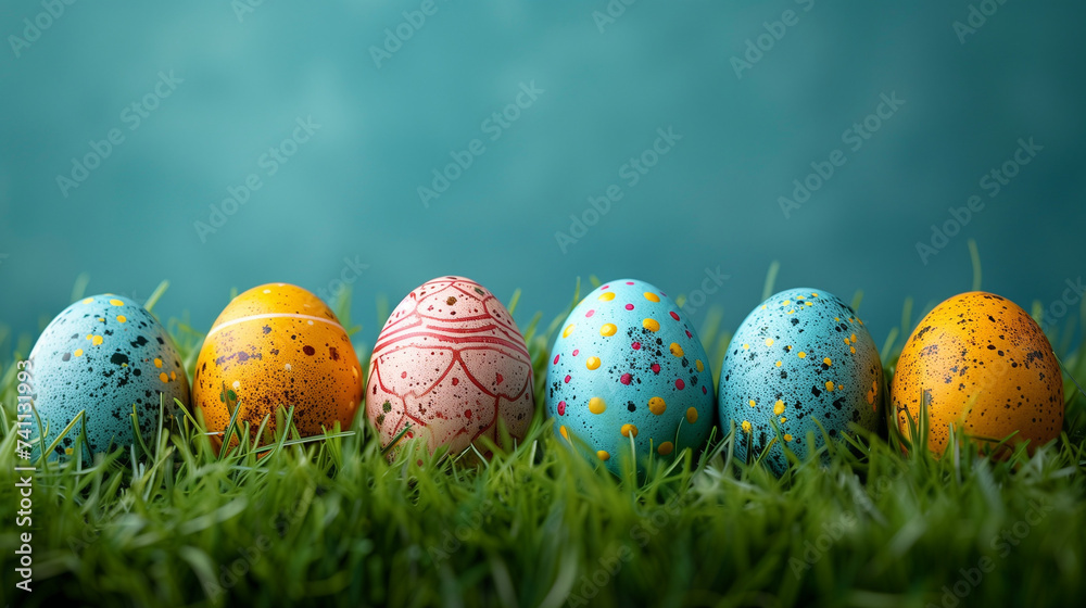 row of easter eggs in the green grass, Easter background with easter eggs in the green grass with a blue background