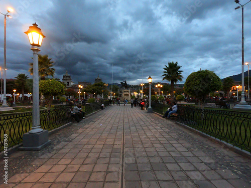 View of the main square of Huamanga in the Peruvian city of Ayacucho at night