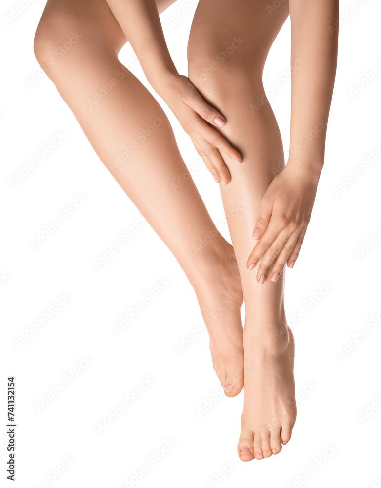 Woman with beautiful legs isolated on white, closeup Woman with beautiful legs isolated on white, closeup