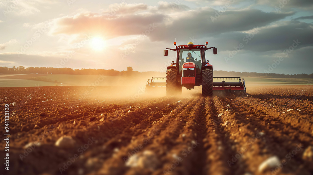 Fototapeta premium Farming agriculture tractor spraying plants in a field Generative AI