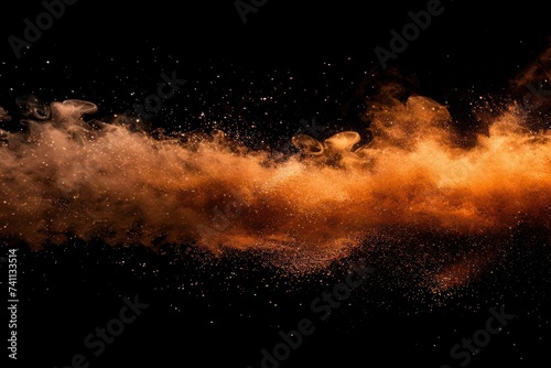 Shiny smoke. Glitter fluid. Ink water. Magic mist. Orange color particles texture paint vapor storm