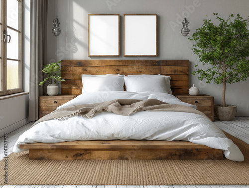 Cozy bedroom interior with empty frames on the wall above a rustic wooden bed. Ai generative illustration