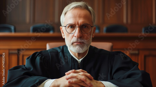A person wearing the traditional black robe of a judge sits solemnly in a courtroom, symbolizing law and order and the justice system. Ai generative