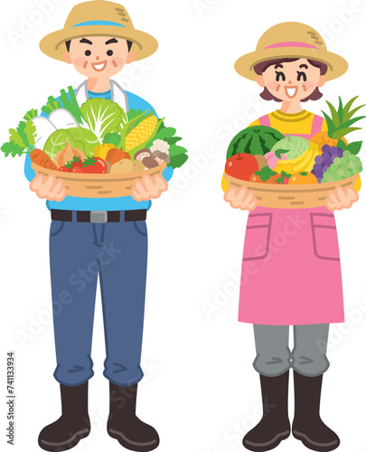 収穫物を持った農家の中年男女