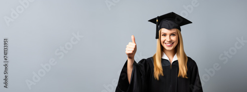 A happy European woman in graduation attire gives a thumbs up, symbolizing education success. Ai generative illustration