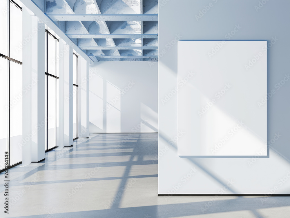 Obraz premium An empty office interior with a blank poster on a concrete wall. Ai generative illustration