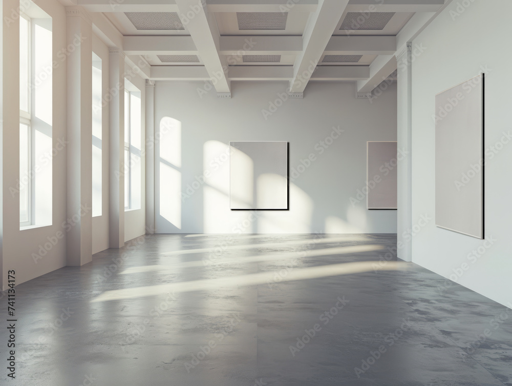 An empty gallery interior with framed art on walls and light streaming in through windows. Ai generative illustration